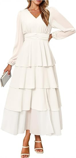 BerryGo Womens Flowy Maxi Dress Chiffon Long Sleeve Slit V Neck Casual Ruffle Tiered Boho Fall We... | Amazon (US)