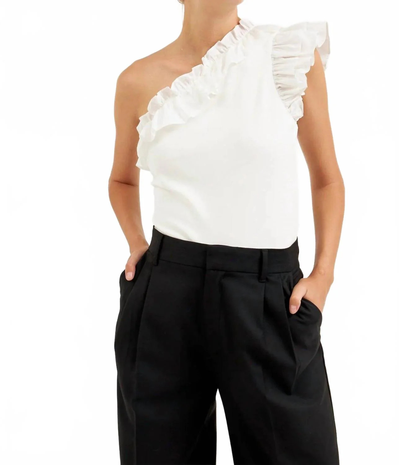 One Shoulder Ruffle Top In White | Shop Simon