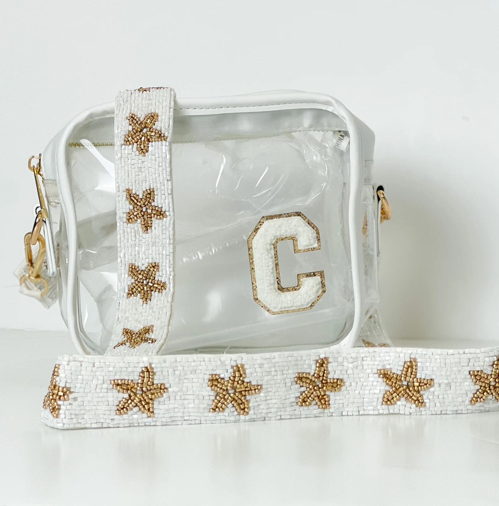 Clear Stadium Bag With White and Gold Beaded Strap and Custom - Etsy | Etsy (US)