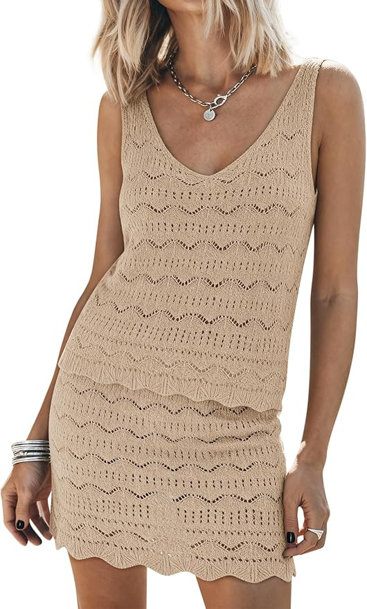 Women's Summer 2 Piece Swimsuit Cover Up Sets Crochet Knit Sleeveless Tops Skirt Set Bathing Suit... | Amazon (US)