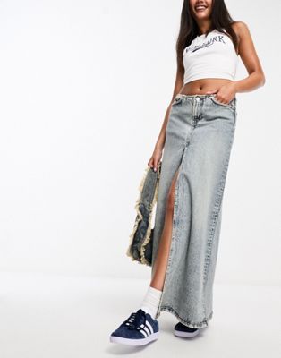 Weekday Anaheim low waist denim maxi skirt with front split in stained blue | ASOS (Global)