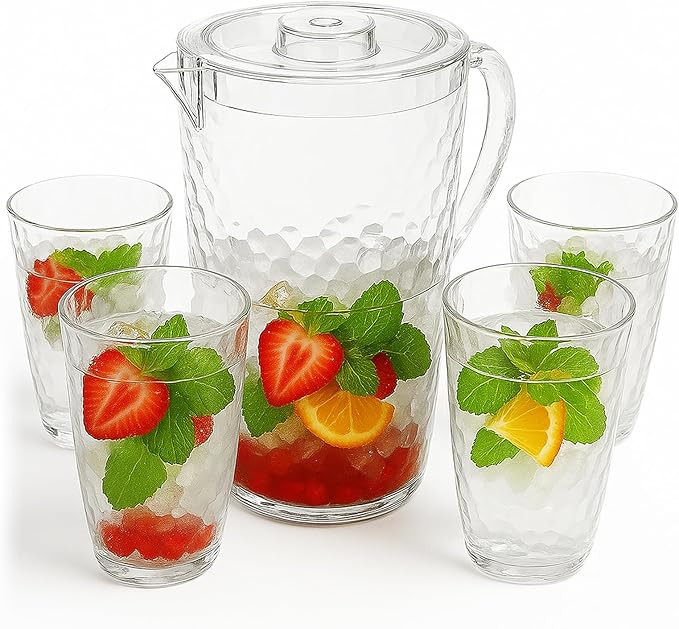 84 oz Crystal-Clear Pitcher with 4 Tumblers Set, BPA-Free Food-Grade Jug with 3-Position Lid & Sp... | Amazon (US)
