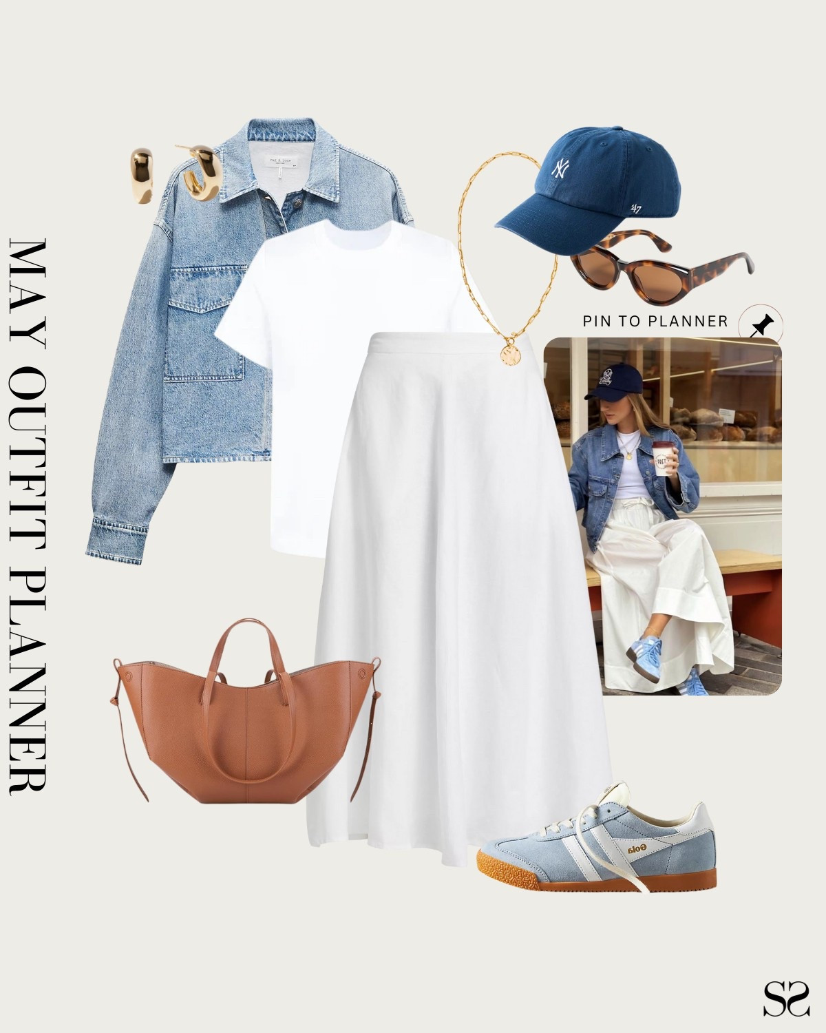 Monthly outfit planner MAY: Spring looks, pin to planner outfit inspo | white maxi skirt, white tee, denim jacket, blue sneakers, leather tote, Summer accessories 

#casualoutfit #springoutfit 

Image credit: Pinterest


#LTKStyleTip
