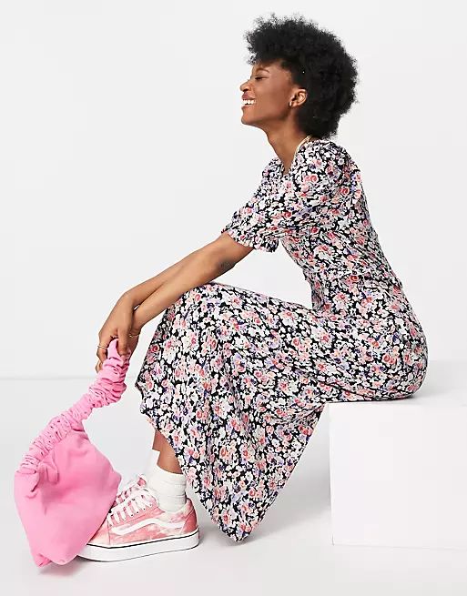 Nobody's Child high neck midi tea dress in dark floral | ASOS (Global)