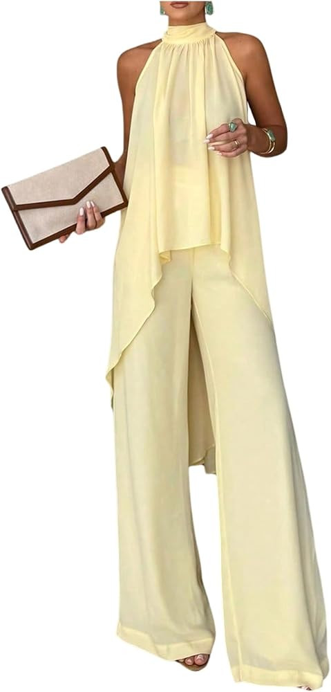 Floerns Women's 2 Piece Vacation Outfit High Low Halter Tops Wide Leg Pants Matching Sets | Amazon (US)