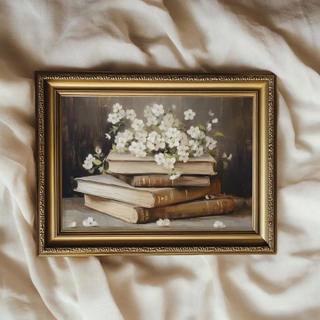 Books and Flowers Vintage Style Painting | Cottage Light Academia Decor | PRINTABLE | No. 631 | Etsy (US)