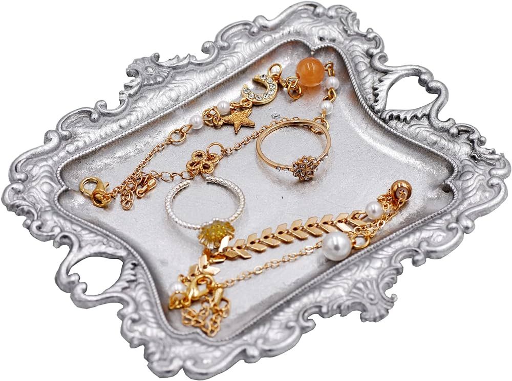 Funly mee Small Antique Trinket Dish Vintage Jewelry Tray, Ring Holder (Sliver) | Amazon (US)