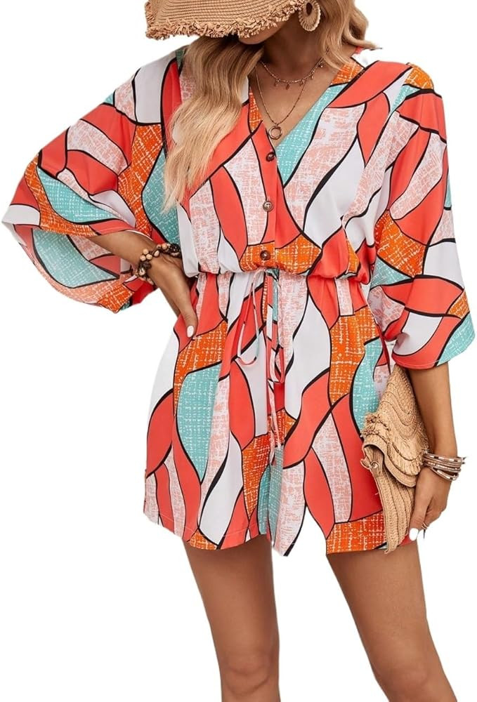 Long Sleeve Jumpsuits for Women Print Batwing Sleeve Knot Front Romper | Amazon (US)