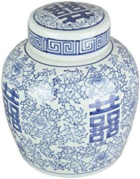 Amazon.com: Blue and White Ceramic Asian Double Happiness Ginger Jar with Lid- Favorite Decor Sto... | Amazon (US)