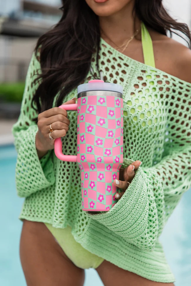Sippin' Pretty Warped Checker Daisy 40 oz Drink Tumbler With Lid And Straw | Pink Lily