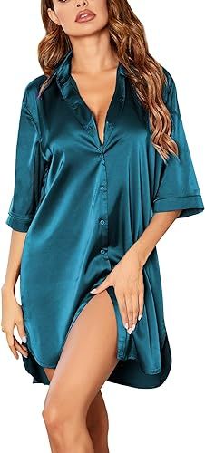 Ekouaer Women's Nightgown Button Down Sleepshirt Satin 3/4 Sleeve Nightshirt Boyfriend Notch Coll... | Amazon (US)