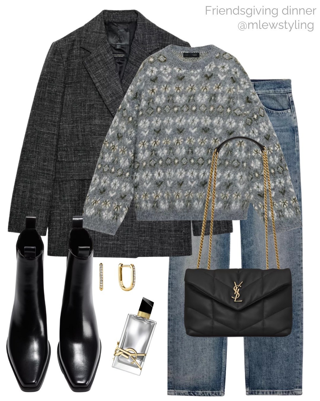 What to wear to Friendsgiving dinner 🩶

Tags: grey blazer, fall outfit, winter holiday lunch, thanksgiving outfit, black Chelsea boots, new in Zara straight leg jeans, ysl perfume, yves saint Laurent quilted shoulder bag, grey fair isle sweater, holiday jumper 

#LTKHoliday #LTKStyleTip #LTKGiftGuide