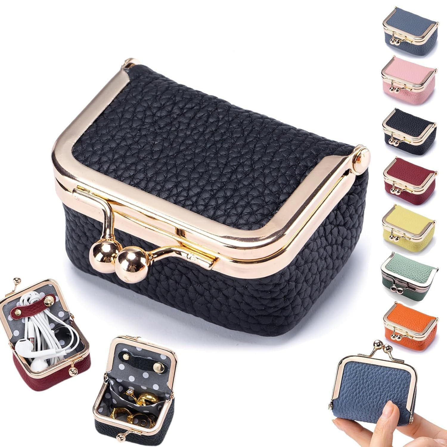 Leather Mini Jewelry Box, Portable Vintage Leather Coin Purse Jewelry Box with kiss Lock, Mini Tr... | Amazon (US)