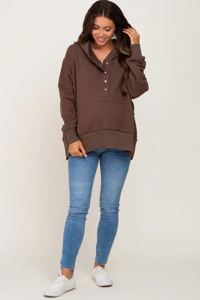 Brown Button Front Ribbed Trim Hooded Maternity Sweatshirt | PinkBlush Maternity