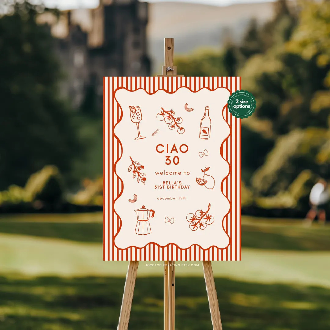 Bella | Red Ciao Birthday Welcome Sign Template, Fully Customizable Hand Drawn Italian Themed Par... | Etsy (US)