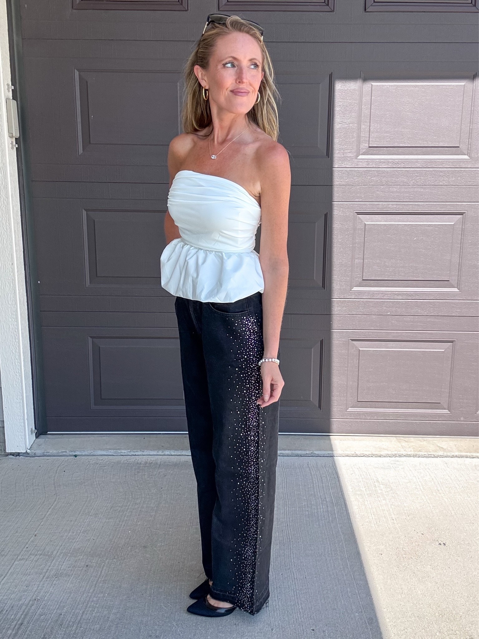 Always love a black and white look…the sparkle detail down the side of this black denim adds a beautiful touch! ✨ Wearing an xsmall in the top and a small in the denim.

As an Amazon Influencer I earn commission on qualifying purchases.

White peplum tube top, black denim, wide leg denim, unique pants, mom style, date night outfit inspo, summer outfit idea, summer tops, black pants, embellished denim

#LTKOver40 #LTKMidsize #LTKootd