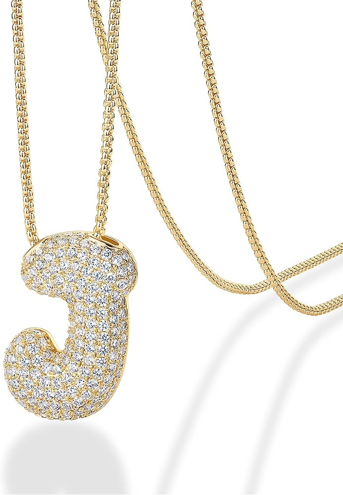 PAVOI 14K Gold Plated Cubic Zirconia Bubble Letter Initial Necklaces for Women | Gold Balloon Nec... | Amazon (US)