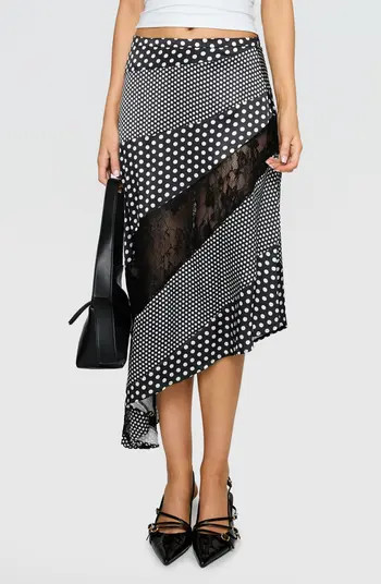 Princess Polly Midnight Memories Mixed Polka Dot & Lace Asymmetric Midi Skirt | Nordstrom | Nordstrom