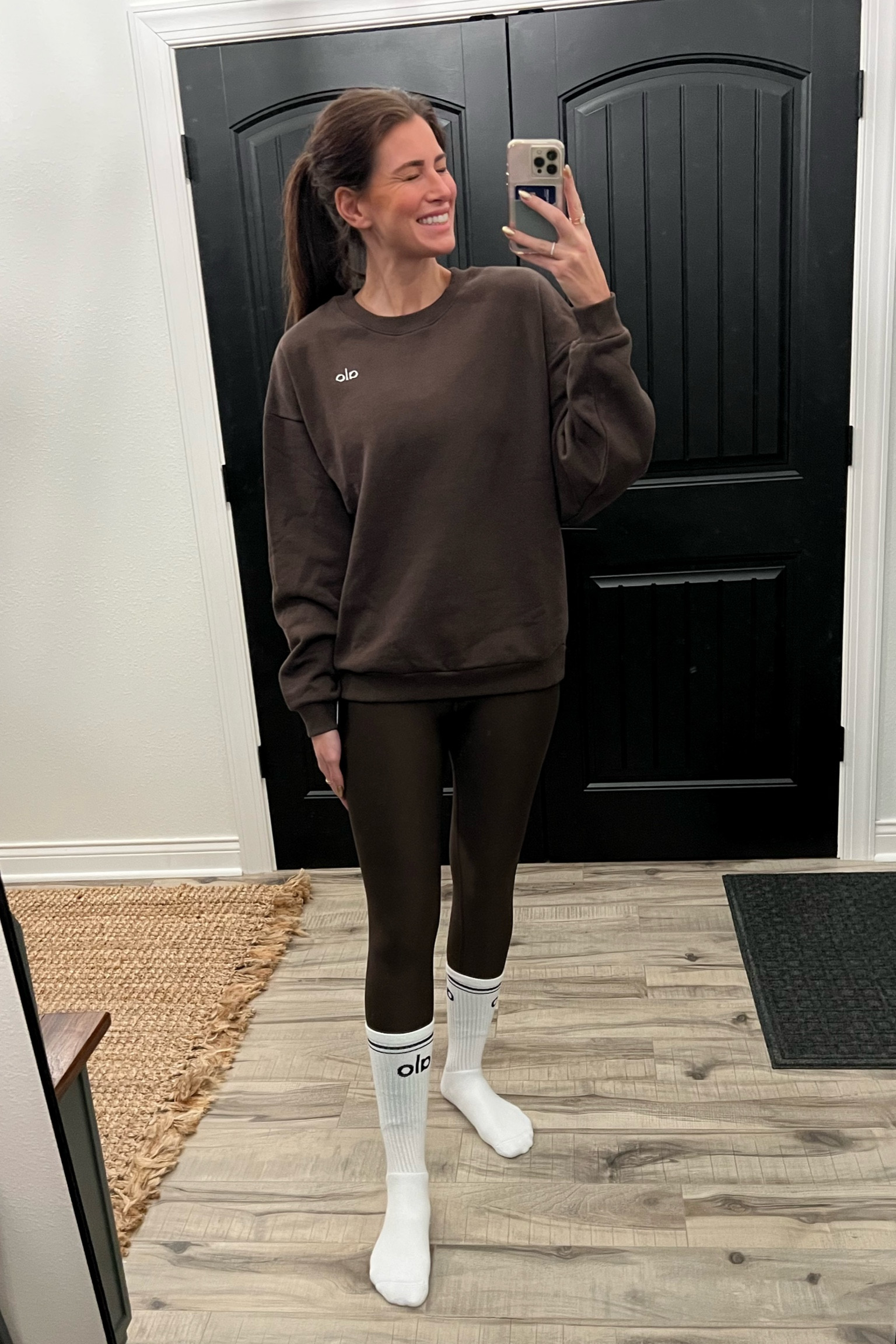 This crew neck in espresso too! This is the sized up look in medium 
