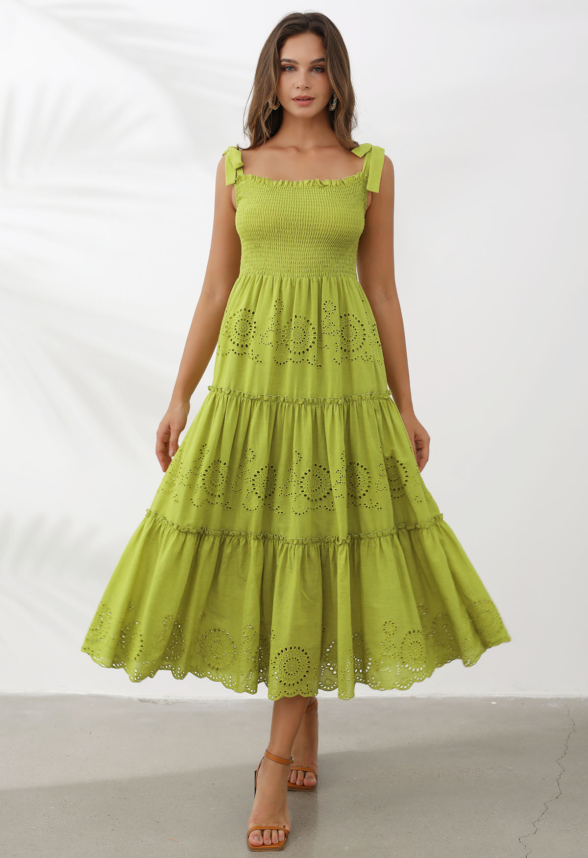 Lime Embroidery Shirred Tie-Strap Maxi Dress | Chicwish