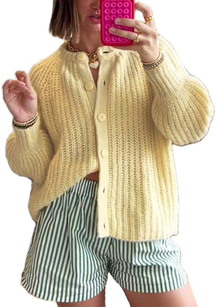 Bocymolay Women’s Cardigan Sweaters Casual Button Down Crewneck Knitted Jacket Loose Fall Chunk... | Amazon (US)