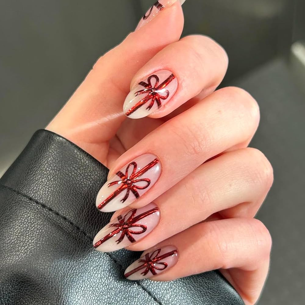 Christmas Press on Nails Medium Almond Fake Nails with Designs Rhinestone Stick on Nail Bow Acryl... | Amazon (US)