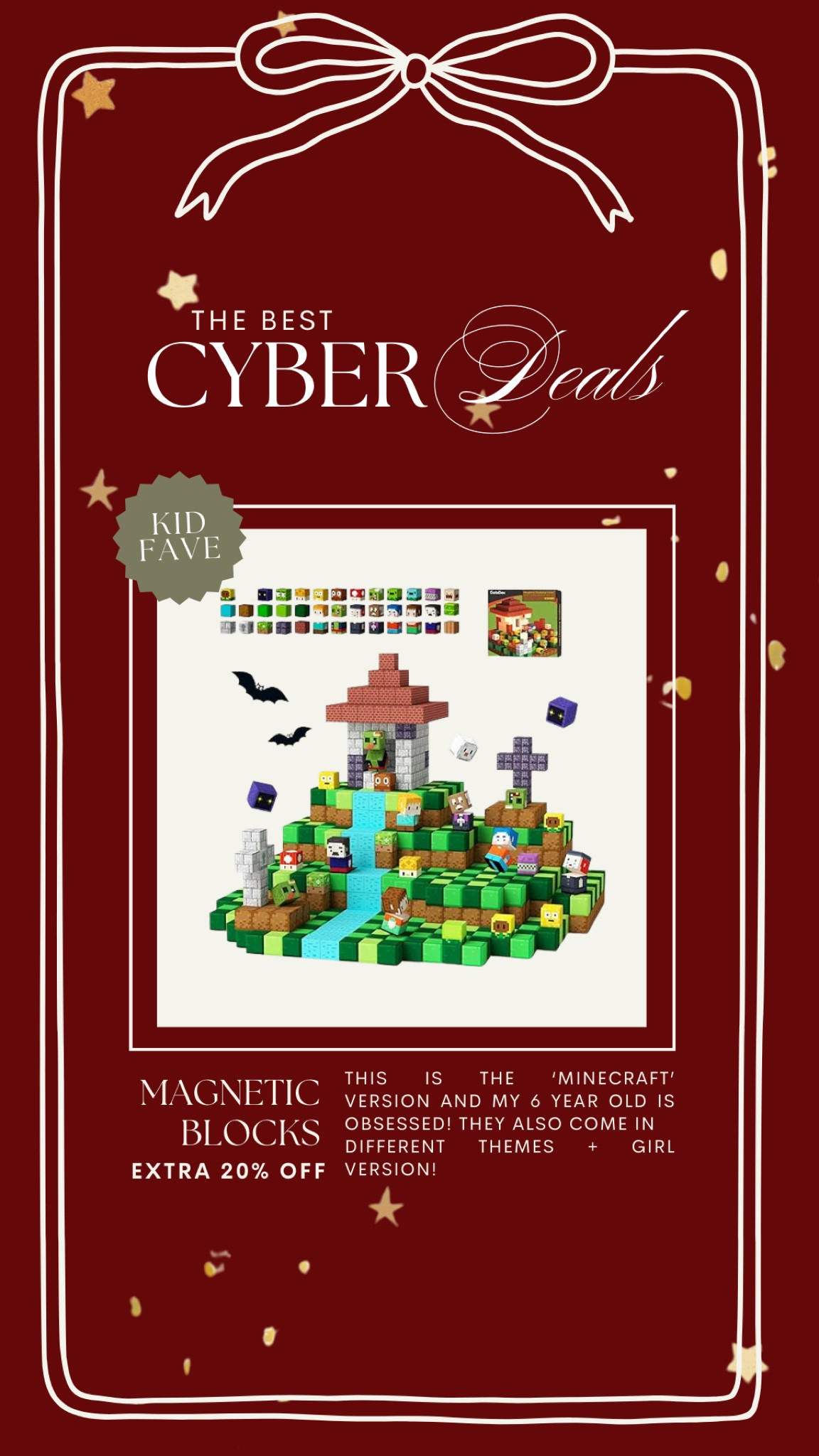 Black Friday Deal from Amazon: magnetic blocks for kids! I got the Minecraft version, but they also come in different themes and some for girls too!! 

20% off + an extra 20% off when you clip the coupon!! 

Amazon gifts for kids, gift for toddler, gifts for boys 

#LTKCyberWeek #LTKHoliday #LTKGiftGuide