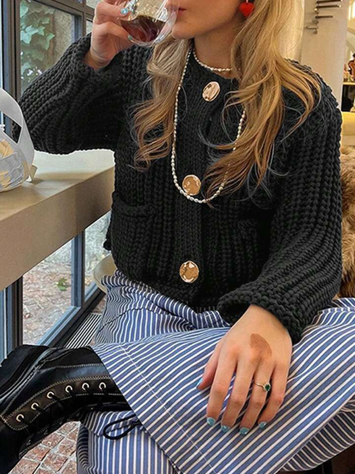 Vintage Cozy Warm Chunky Cable Knit Cardigan Open Front Button Down Long Sleeve Loose Trendy Crew... | SHEIN