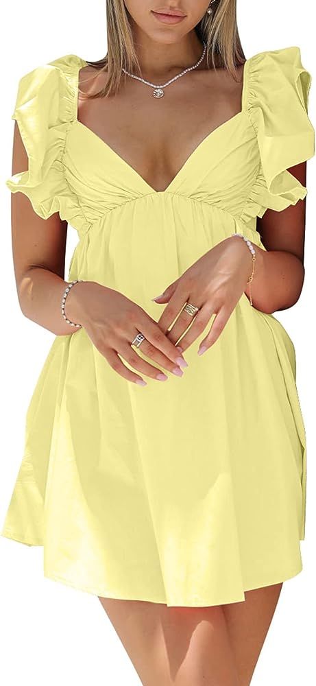 hibshaby Womens Sexy Deep V Neck Ruffle Sleeve Mini Dress Backless Lace Up Summer Dresses | Amazon (US)