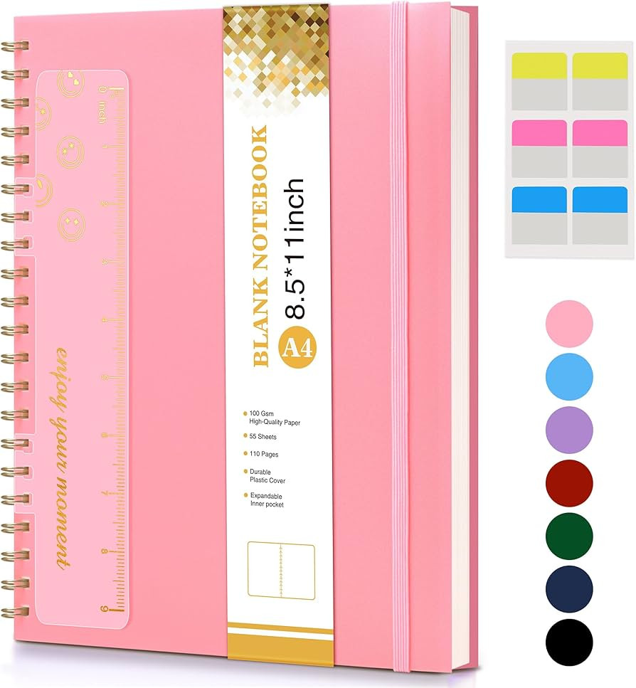 Blank Spiral Notebook Journal 8.5” x 11”, A4 Large Pink Sketch Book for Women Men, 100 GSM Bl... | Amazon (US)