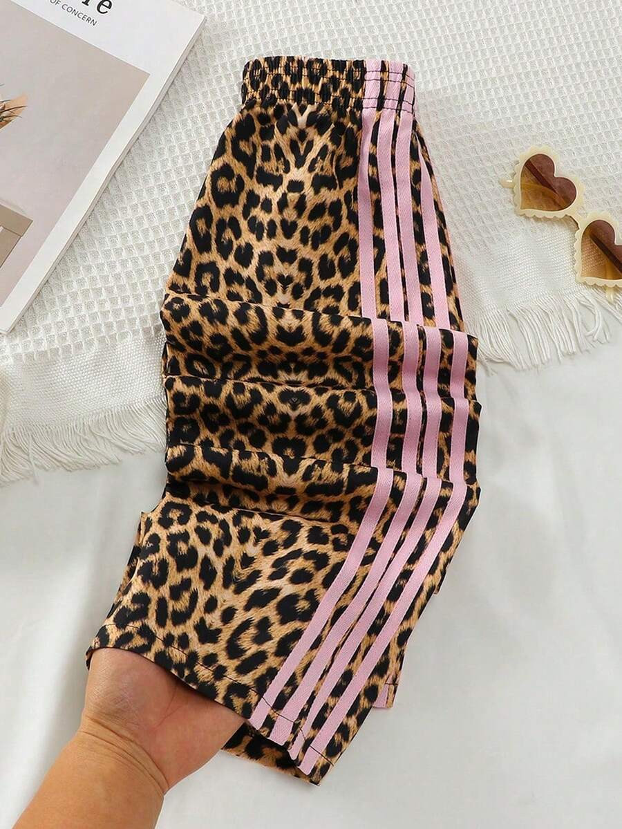 SHEIN Young Girl Leopard Print & Striped Elastic Waist Pants Autumn Fall | SHEIN