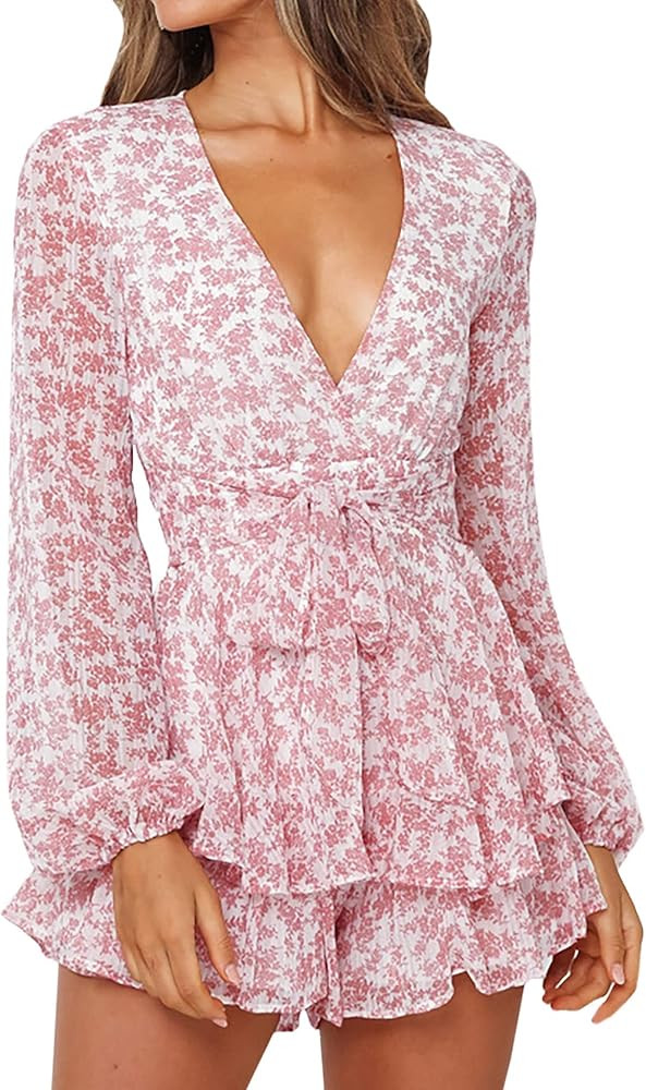 AIMCOO Women's Long Bubble Sleeve Polka Dot Romper Floral Print V-Neck Jumpsuit Layer Ruffle Hem ... | Amazon (US)