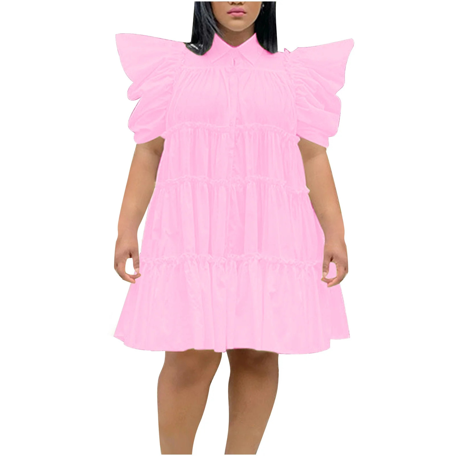 RYDCOT Wedding Guest Dresses for Women Plus Size Short Sleeve Ruffles High Waist Pleated Hem Dres... | Walmart (US)