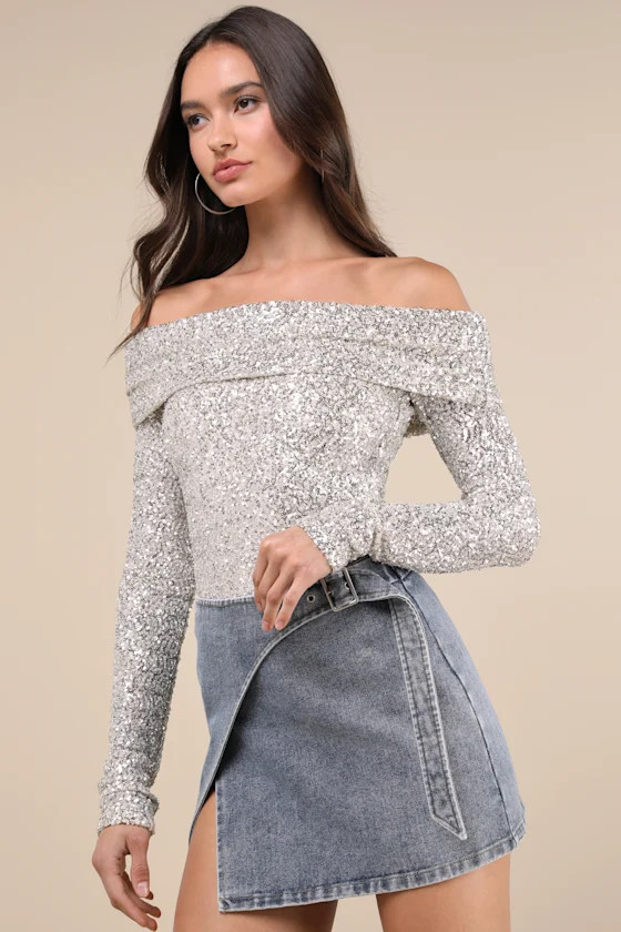 Marvelous Dazzle Champagne Sequin Off-the-Shoulder Top | Lulus