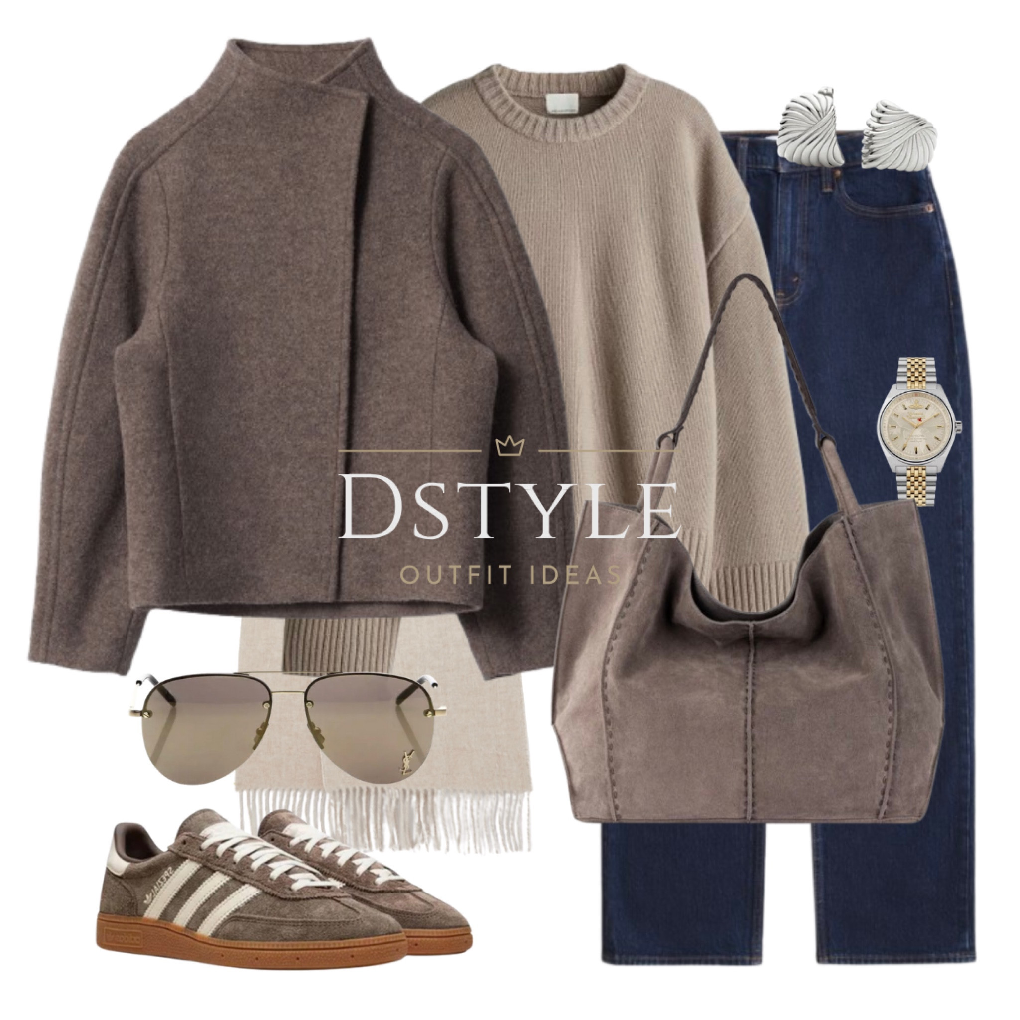 Mole wool jacket, greige oversized cashmere-blend sweater/jumper, straight leg jeans, mushroom  suede tote bag, Adidas Spezial earth strata, YSL sunglasses

#LTKShoeCrush #LTKWorkwear #LTKItBag