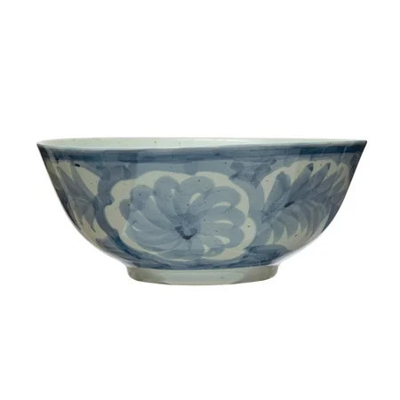 Creative Co-Op Hand Painted Stoneware Bowl with Floral Design, Blue and White | Walmart (US)