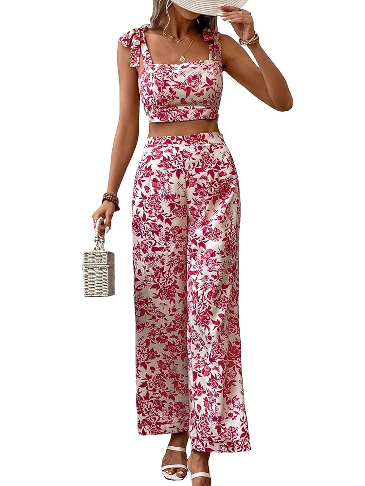 Floerns Women's 2 Piece Summer Outfit Floral Print Knot Shoulder Zip Back Crop Cami Top and Maxi ... | Amazon (US)