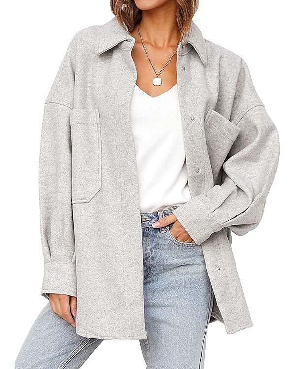 Qiaomai Womens Loose Fall Shacket Wool Blend Lapel Snap Button Pocketed Midi Solid Coat | Amazon (US)