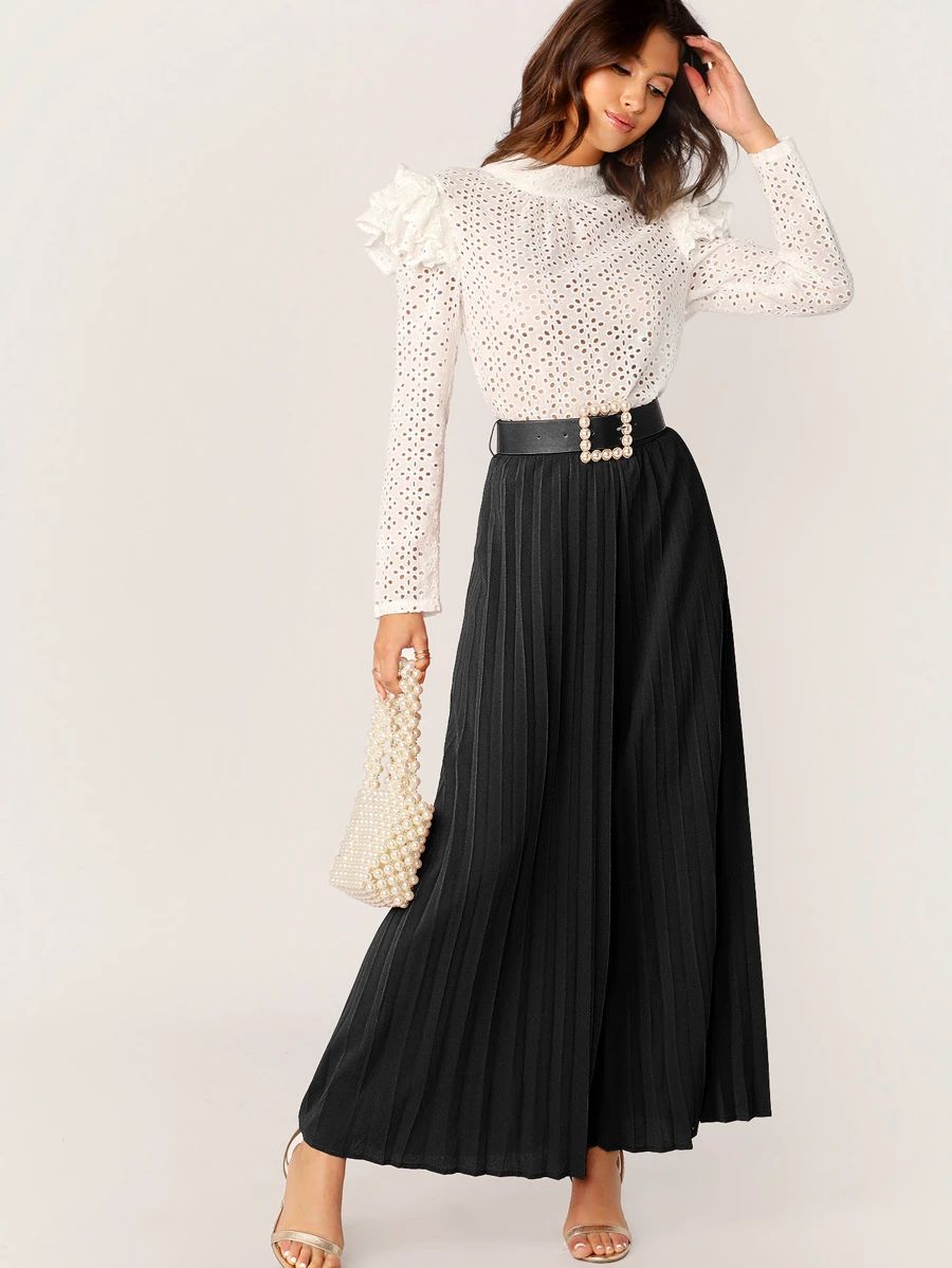 SHEIN Wide Leg Pleated Pants With Pearl Beading Belt | SHEIN