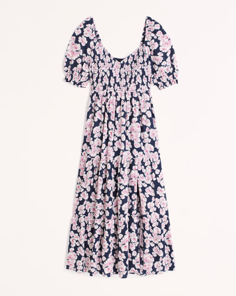 Women's Short-Sleeve Smocked Midi Dress | Women's New Arrivals | Abercrombie.com | Abercrombie & Fitch (US)