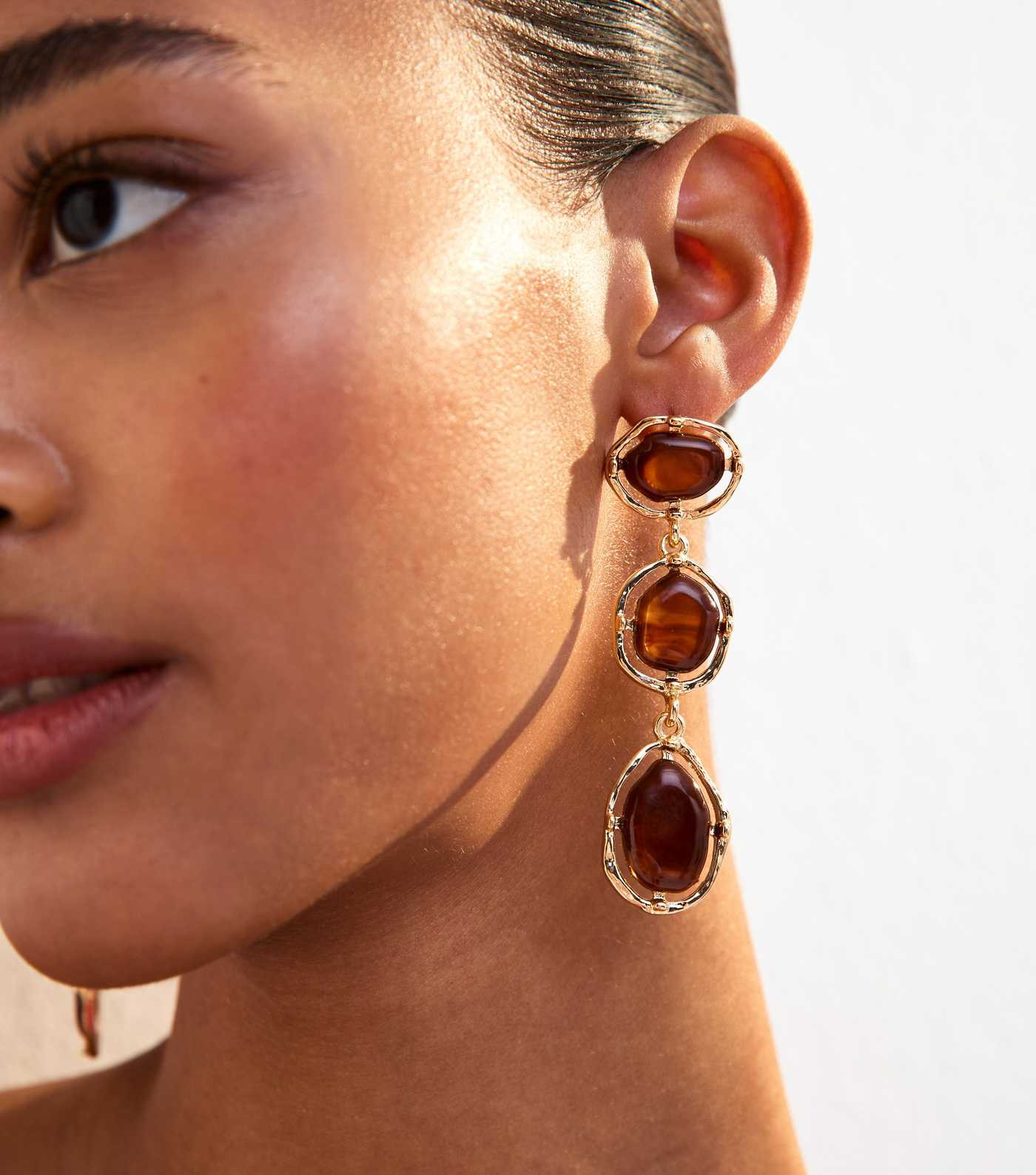 Gold Tone Brown Resin Stone Triple Drop Earrings | New Look | New Look (UK)