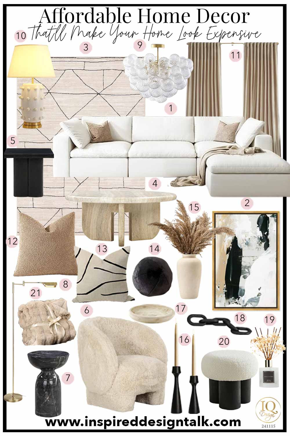 Amazon Affordable Home Decor Neutral Living Room decorating ideas on a budget. Cloud sofa, black accent chair, stone coffee table, throw pillows, abstract artwork, bubble chandelier, fur accent chair, boucle ottoman 

 #LTKOver40 #LTKHome #LTKStyleTip