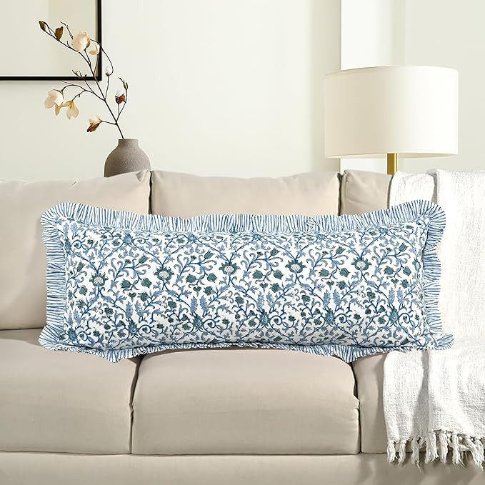 CPC Hand Block Print Ocean Vine Ruffle Sham Pillow Cover 36" x 14" inch Hidden Zipper Decorative ... | Amazon (US)