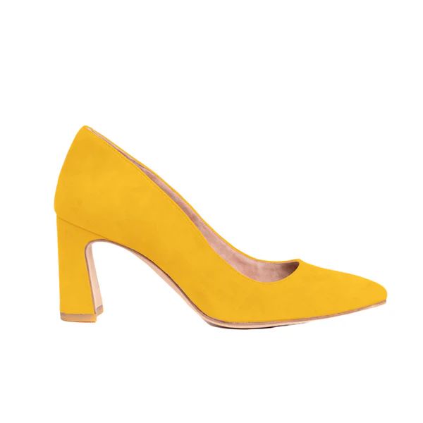 Sassy Saffron Suede Block Heel Pump | ALLY Shoes