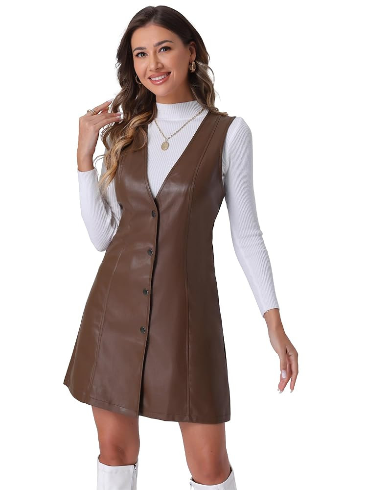 Allegra K Faux Leather Dress for Women's Pinafore Button Down V Neck Sleeveless Mini Overall Dres... | Amazon (US)