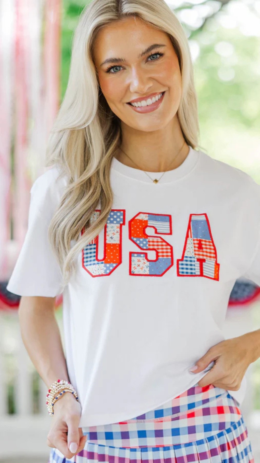 Darling USA tee for Memorial Day weekend❤️🩵 love the timeless patchwork fabric on a crisp white tee. Pair with Jean shorts 

MDW, RWB, timeless, preppy, affordable, shop the Mint

#LTKootd #LTKSeasonal
