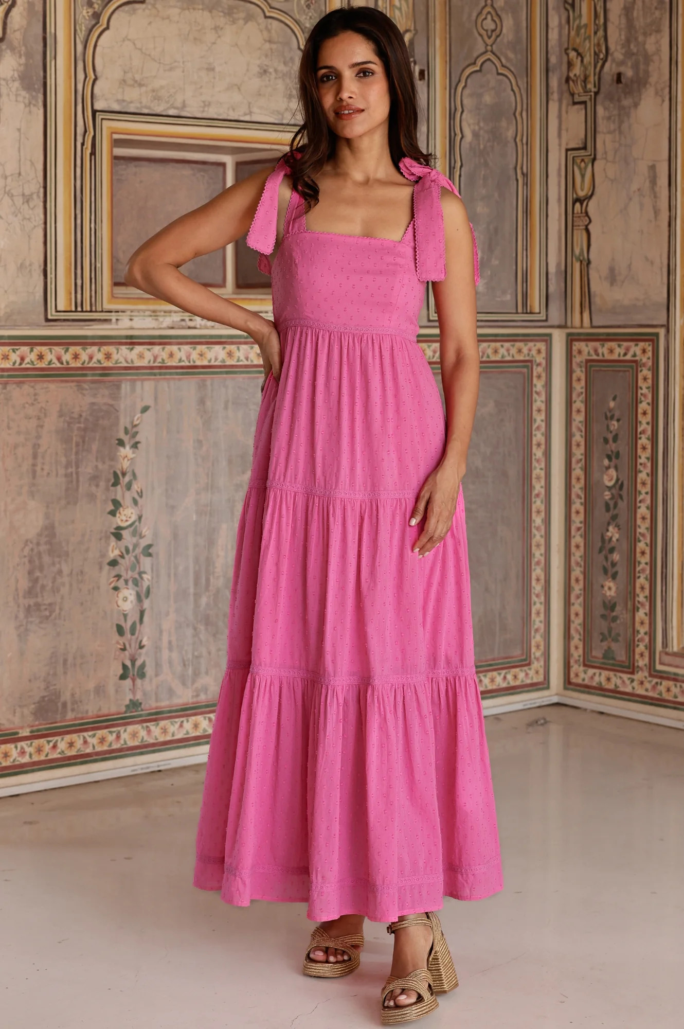 Tabitha Organic Cotton Dobby Dress | Bright Pink | Aspiga