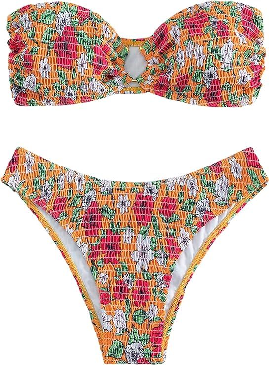WDIRARA Women's Strapless Bandeau Smocked 2 Piece Swimsuit Floral Print O Ring Cheeky Bottom Biki... | Amazon (US)