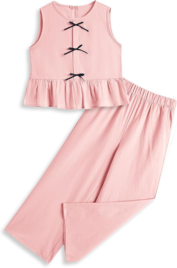 Girls’ Clothing Sets Sleeveless Bow Crop Top Wide Leg Linen Pants 2026 Summer Outfits Cute Kids... | Amazon (US)