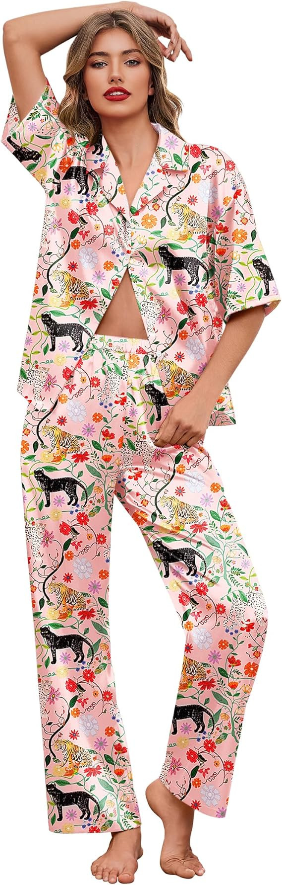 Ekouaer Silk Satin Pajamas Set Women Short Sleeve Pj Sets Button Down Sleepwear 2 Piece Soft Loun... | Amazon (US)